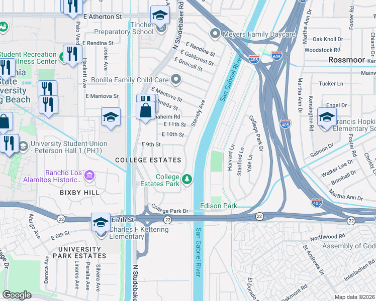 map of restaurants, bars, coffee shops, grocery stores, and more near 852 Stevely Avenue in Long Beach