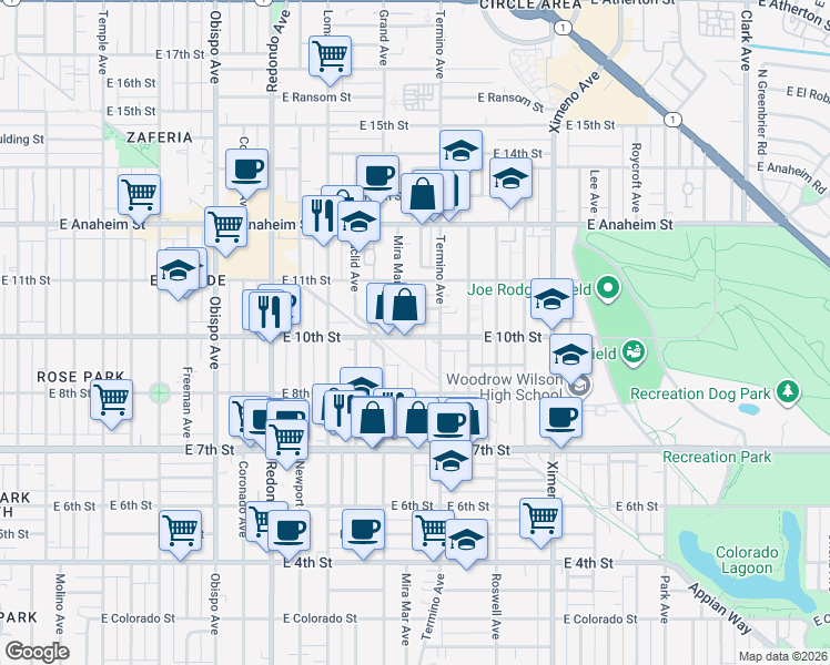 map of restaurants, bars, coffee shops, grocery stores, and more near 3901 East 10th Street in Long Beach