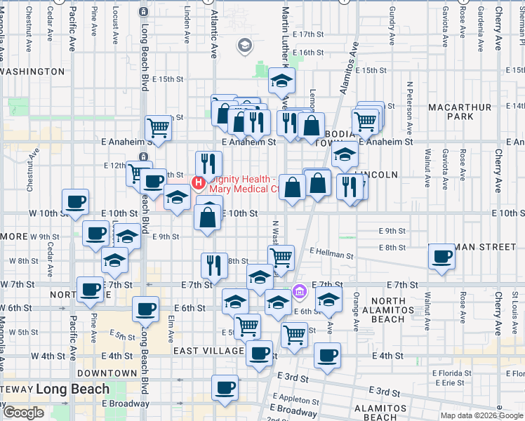 map of restaurants, bars, coffee shops, grocery stores, and more near 940 Olive Avenue in Long Beach
