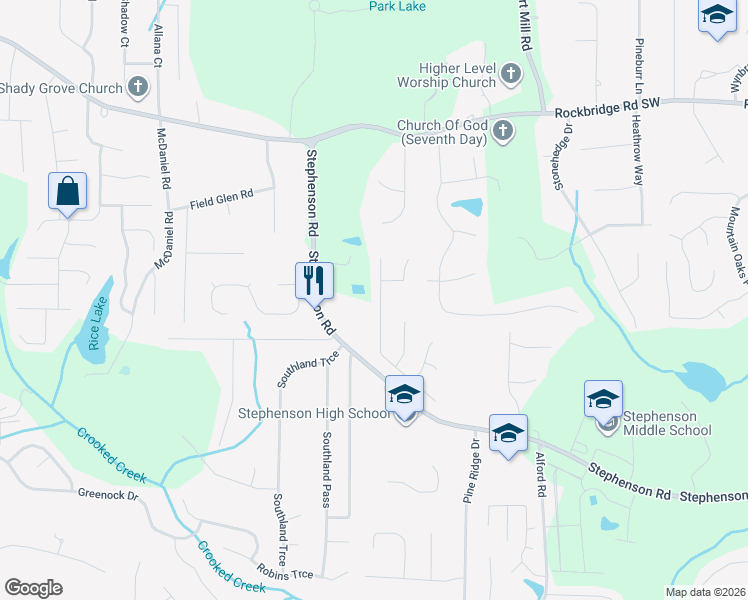 map of restaurants, bars, coffee shops, grocery stores, and more near 579 Wren Walk in Stone Mountain