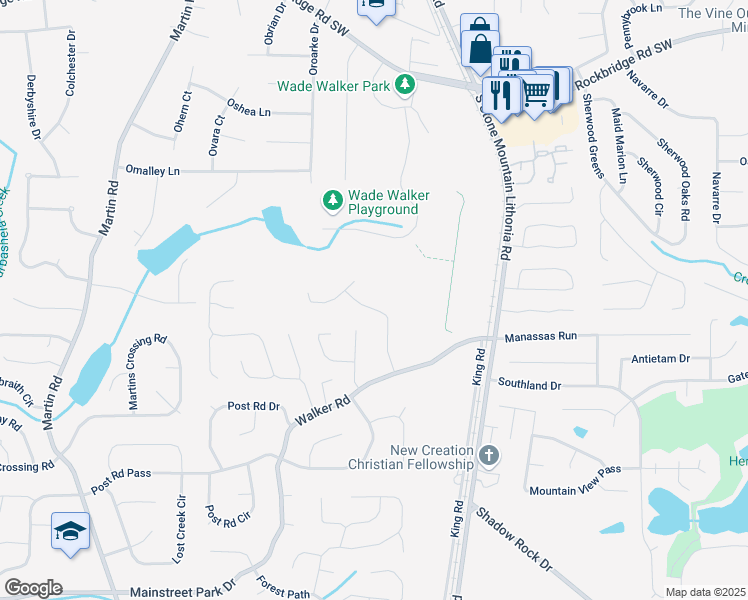 map of restaurants, bars, coffee shops, grocery stores, and more near 1600 Whisperwood Trail in Stone Mountain