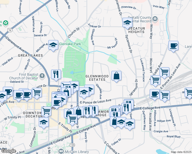 map of restaurants, bars, coffee shops, grocery stores, and more near 229 Glendale Avenue in Decatur