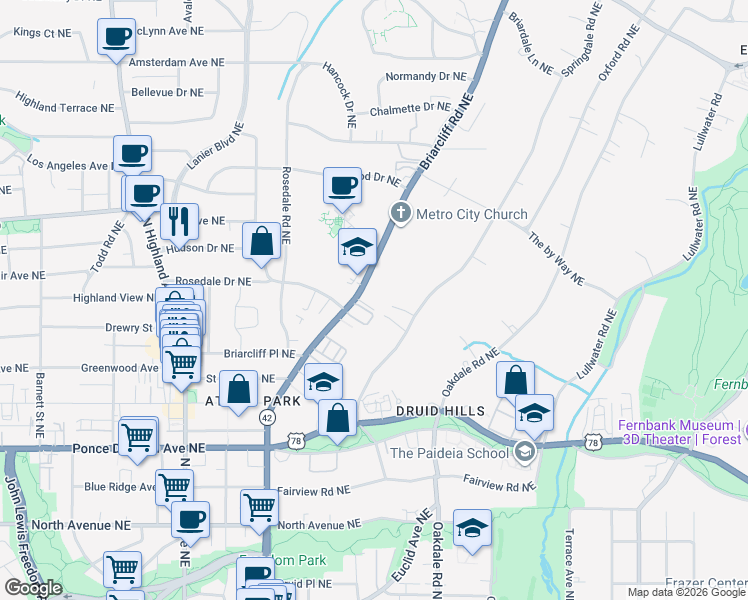map of restaurants, bars, coffee shops, grocery stores, and more near 1222 Virginia Court in Atlanta