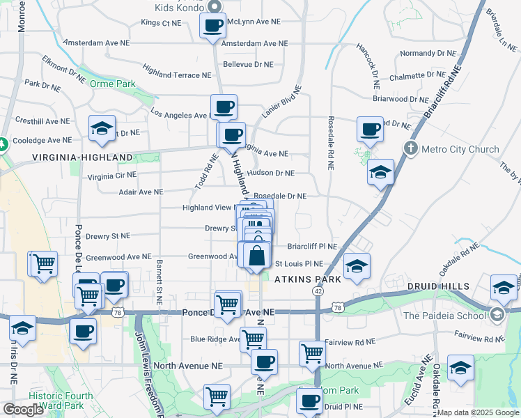 map of restaurants, bars, coffee shops, grocery stores, and more near 885 North Highland Avenue Northeast in Atlanta