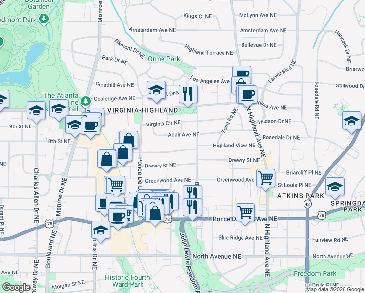 map of restaurants, bars, coffee shops, grocery stores, and more near 835 Ponce De Leon Terrace Northeast in Atlanta