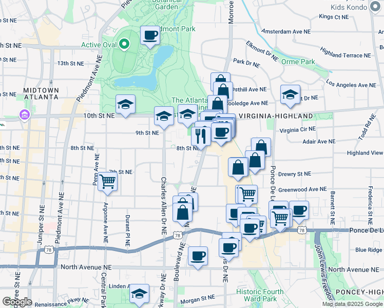 map of restaurants, bars, coffee shops, grocery stores, and more near 503 Midtown Place in Atlanta