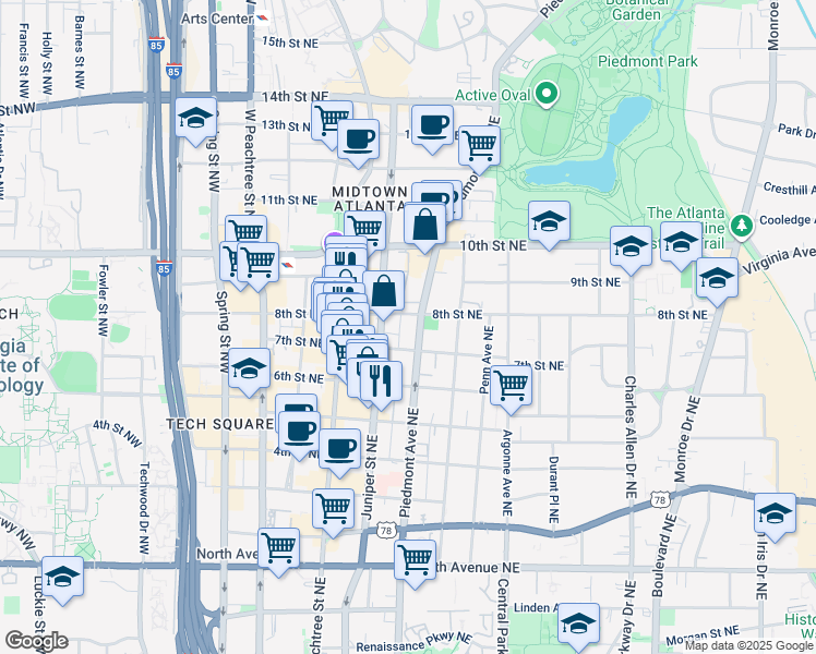 map of restaurants, bars, coffee shops, grocery stores, and more near 875 Piedmont Avenue Northeast in Atlanta