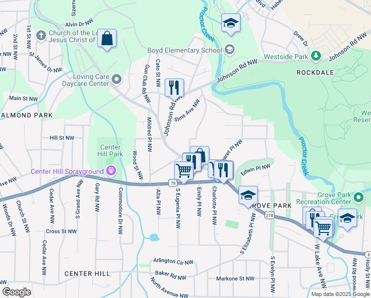 map of restaurants, bars, coffee shops, grocery stores, and more near 884 North Eugenia Place Northwest in Atlanta
