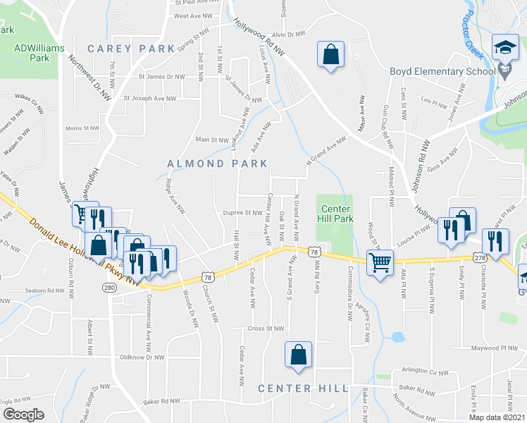 map of restaurants, bars, coffee shops, grocery stores, and more near 2386 Dupree Avenue Northwest in Atlanta