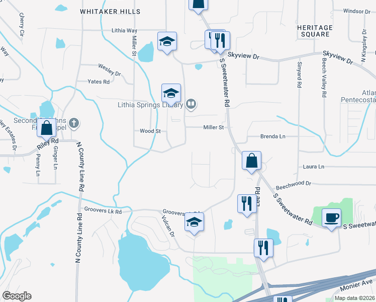 map of restaurants, bars, coffee shops, grocery stores, and more near 2645 Lithia Ridge Drive in Lithia Springs