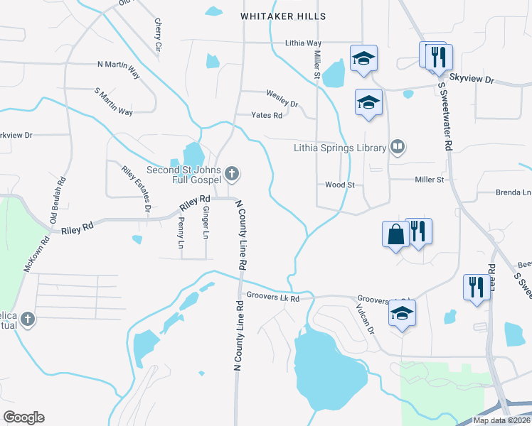 map of restaurants, bars, coffee shops, grocery stores, and more near 974 North County Line Road in Lithia Springs
