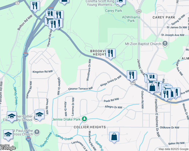map of restaurants, bars, coffee shops, grocery stores, and more near 854 Eleanor Court Northwest in Atlanta