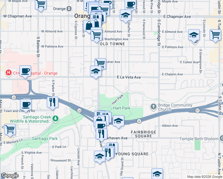 map of restaurants, bars, coffee shops, grocery stores, and more near 620 South Grand Street in Orange
