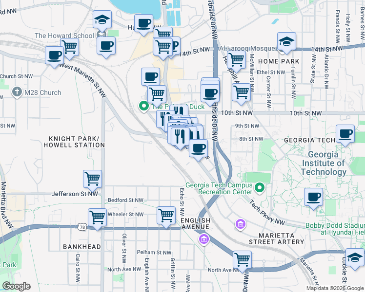 map of restaurants, bars, coffee shops, grocery stores, and more near 1000 Marietta Street NorthWest in Atlanta