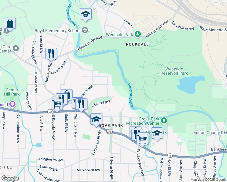 map of restaurants, bars, coffee shops, grocery stores, and more near 68 Edwin Place Northwest in Atlanta