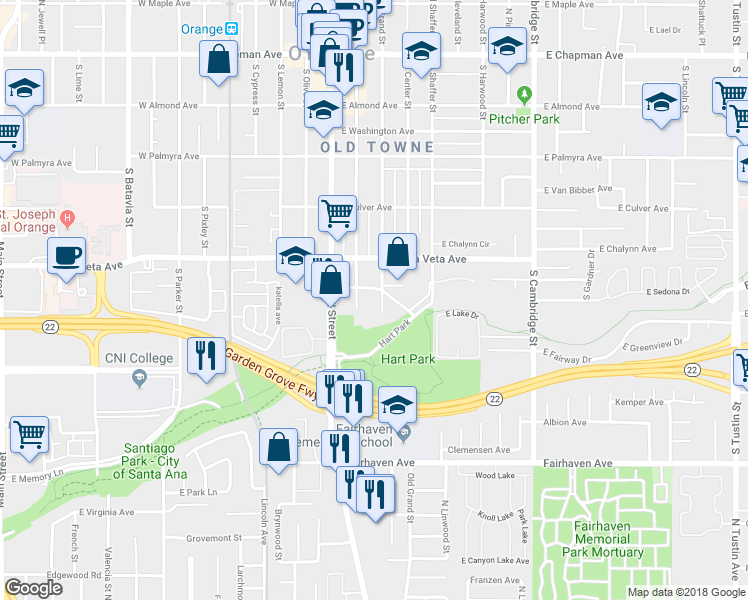 map of restaurants, bars, coffee shops, grocery stores, and more near 620 South Grand Street in Orange