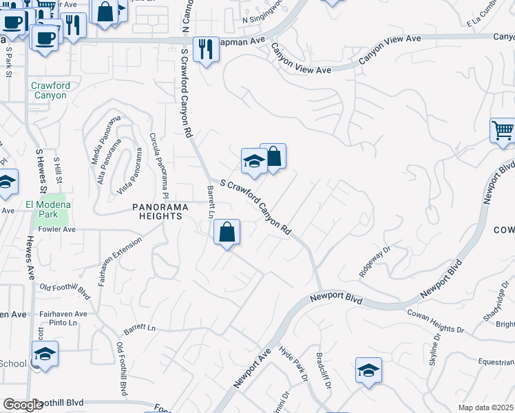 map of restaurants, bars, coffee shops, grocery stores, and more near 10565 South Crawford Canyon Road in Santa Ana