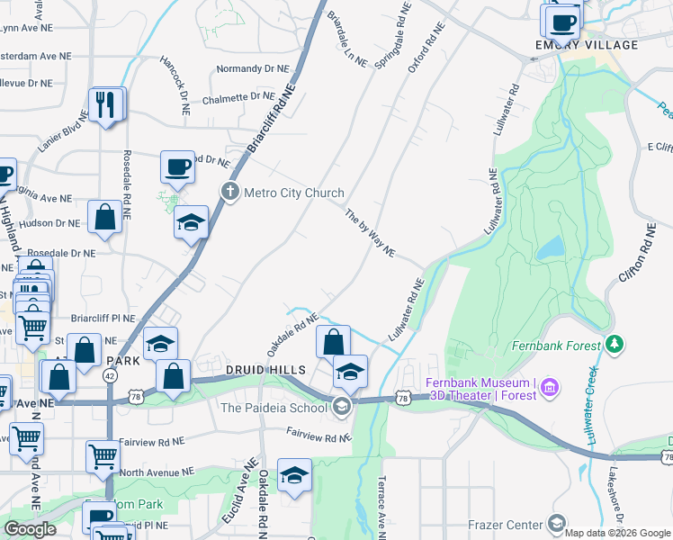 map of restaurants, bars, coffee shops, grocery stores, and more near 888 Oakdale Road Northeast in Atlanta