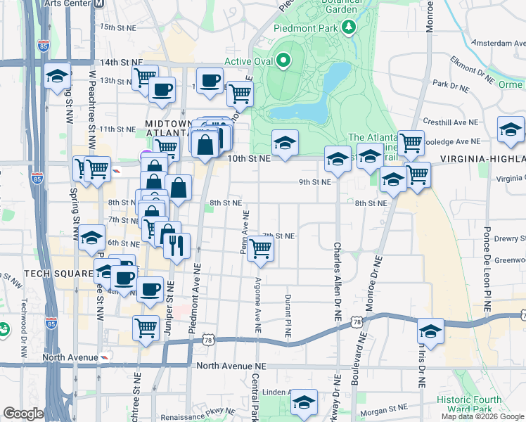 map of restaurants, bars, coffee shops, grocery stores, and more near 877 Penn Avenue Northeast in Atlanta