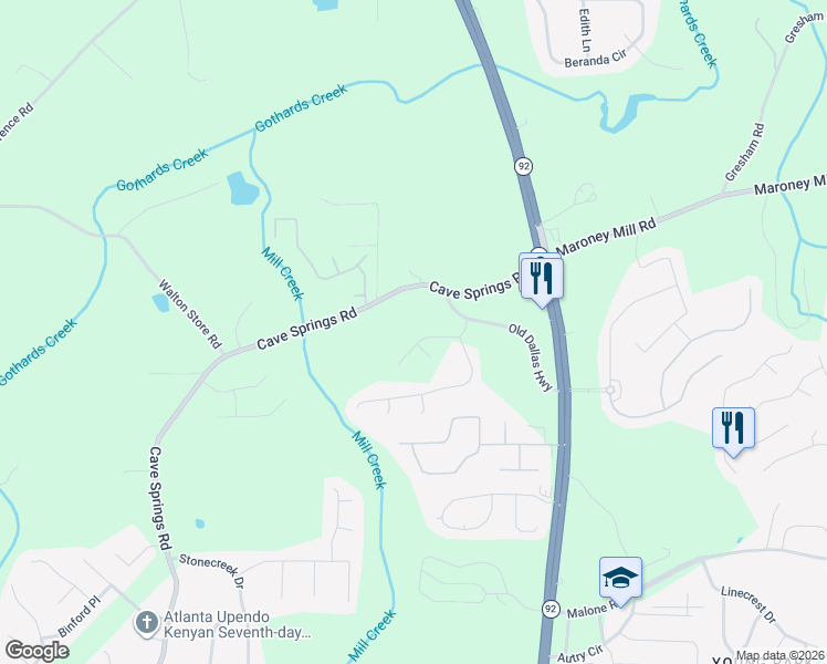 map of restaurants, bars, coffee shops, grocery stores, and more near 6820 Wood Gate Way in Douglasville