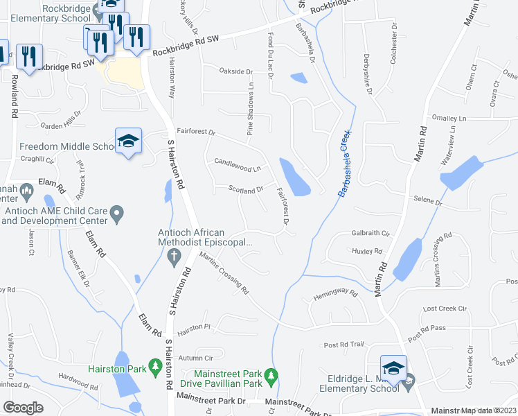 map of restaurants, bars, coffee shops, grocery stores, and more near 625 Scotland Court in Stone Mountain