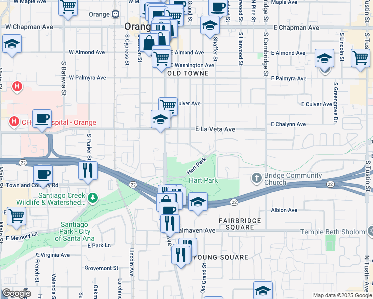 map of restaurants, bars, coffee shops, grocery stores, and more near 620 South Grand Street in Orange