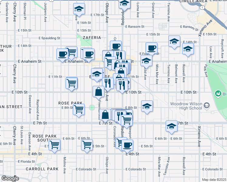 map of restaurants, bars, coffee shops, grocery stores, and more near 924 Coronado Avenue in Long Beach
