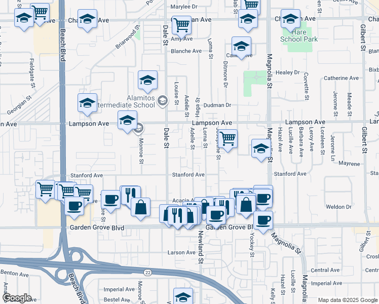map of restaurants, bars, coffee shops, grocery stores, and more near 12621 Adelle Street in Garden Grove