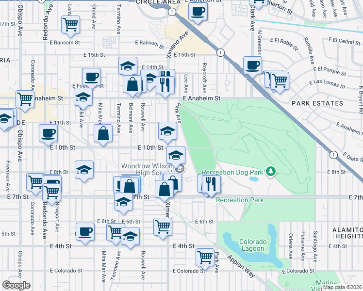 map of restaurants, bars, coffee shops, grocery stores, and more near 4531 East 10th Street in Long Beach