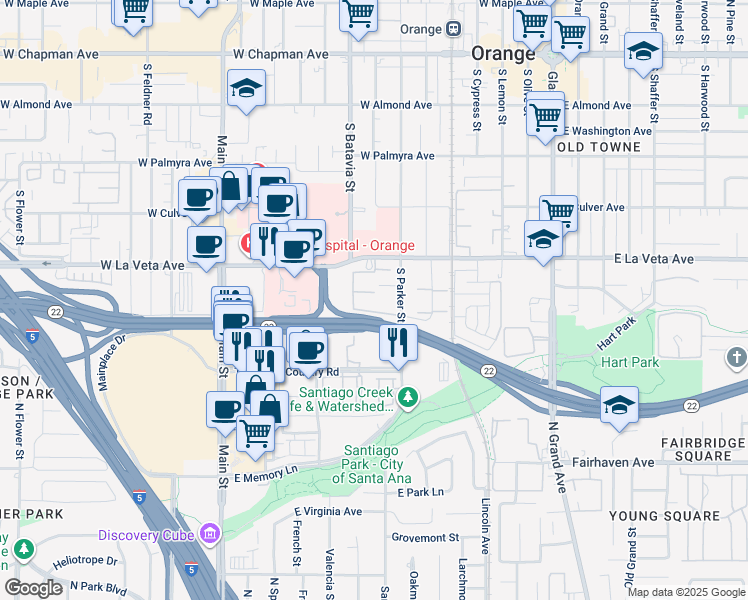 map of restaurants, bars, coffee shops, grocery stores, and more near 700 West La Veta Avenue in Orange