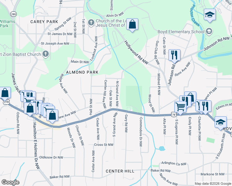 map of restaurants, bars, coffee shops, grocery stores, and more near 878 North Grand Avenue Northwest in Atlanta