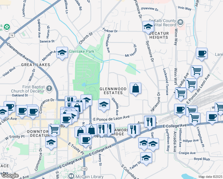 map of restaurants, bars, coffee shops, grocery stores, and more near 229 Glendale Avenue in Decatur