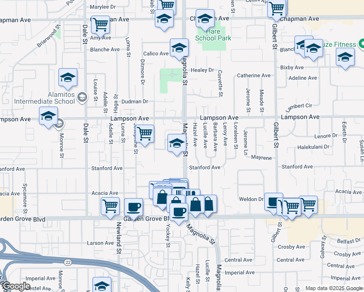 map of restaurants, bars, coffee shops, grocery stores, and more near 8971 Ann Cross Drive in Garden Grove