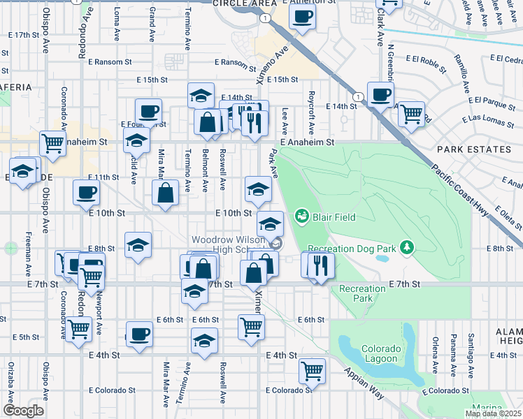 map of restaurants, bars, coffee shops, grocery stores, and more near in Long Beach