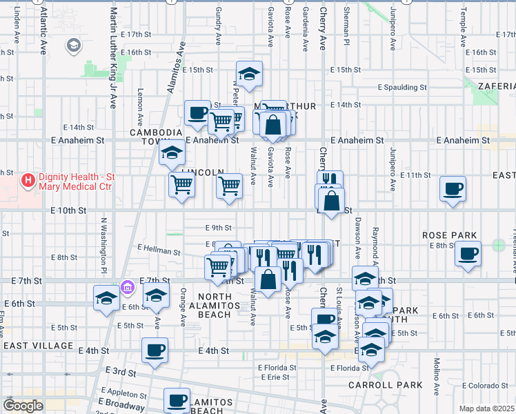 map of restaurants, bars, coffee shops, grocery stores, and more near in Long Beach