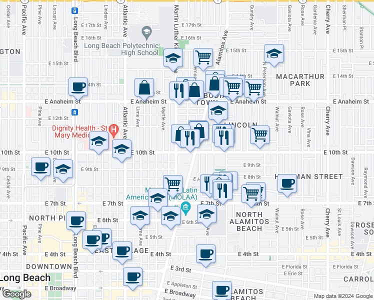 map of restaurants, bars, coffee shops, grocery stores, and more near 1039 East 10th Street in Long Beach