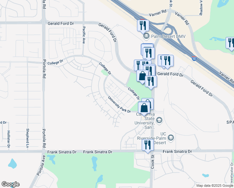 map of restaurants, bars, coffee shops, grocery stores, and more near University Park Drive in Palm Desert