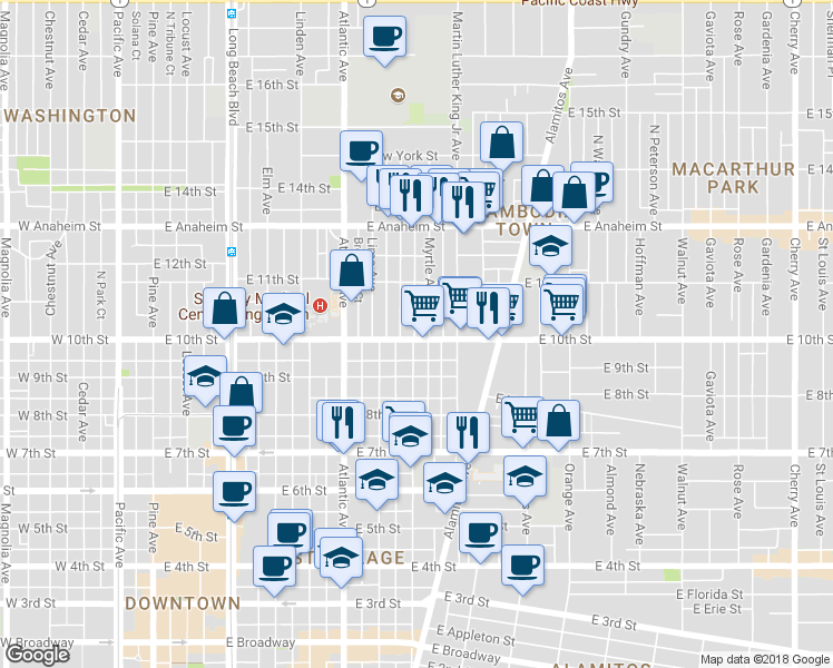 map of restaurants, bars, coffee shops, grocery stores, and more near 823 East 10th Street in Long Beach