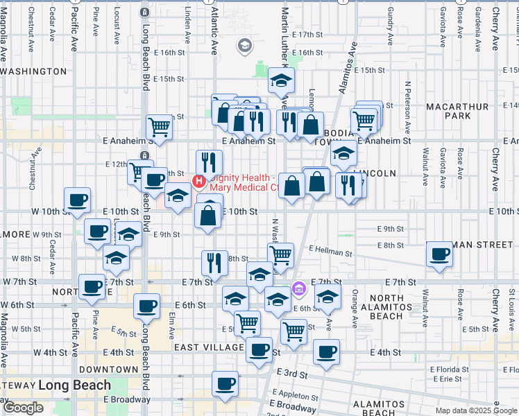 map of restaurants, bars, coffee shops, grocery stores, and more near 823 East 10th Street in Long Beach