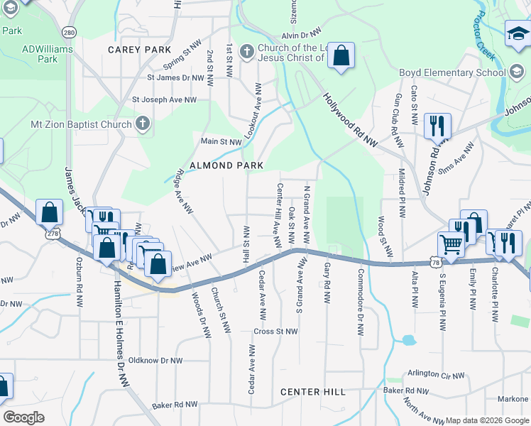map of restaurants, bars, coffee shops, grocery stores, and more near 2379 Dupree Street Northwest in Atlanta