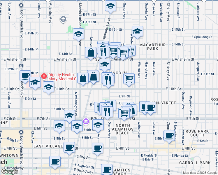 map of restaurants, bars, coffee shops, grocery stores, and more near 1005 Orange Avenue in Long Beach