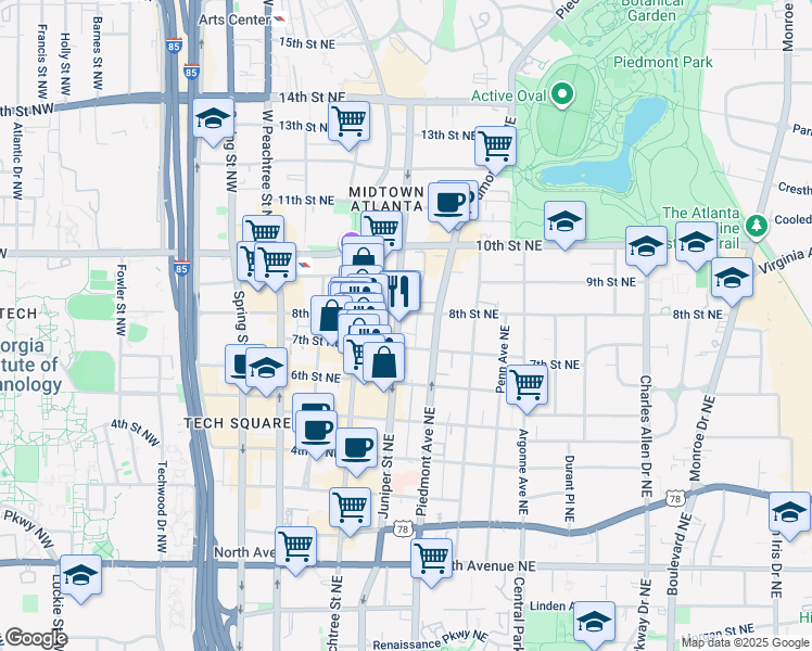 map of restaurants, bars, coffee shops, grocery stores, and more near 146 7th Street Northeast in Atlanta