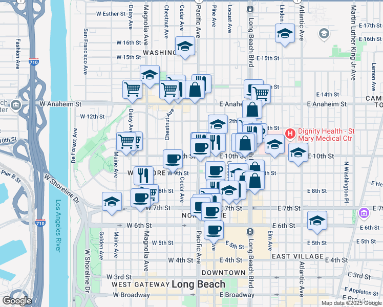 map of restaurants, bars, coffee shops, grocery stores, and more near 219 West 10th Street in Long Beach