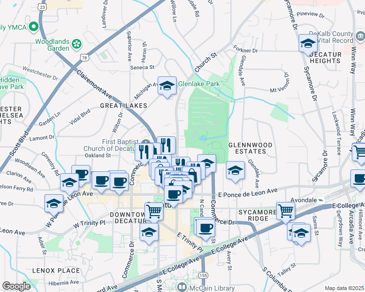 map of restaurants, bars, coffee shops, grocery stores, and more near 750 Commerce Drive in Decatur