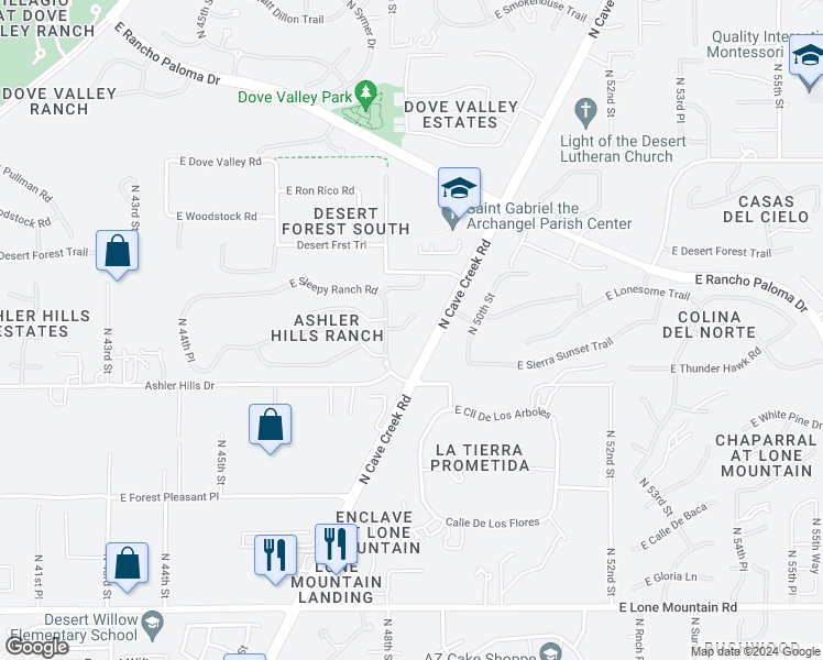map of restaurants, bars, coffee shops, grocery stores, and more near 4819 East Lonesome Trail in Cave Creek