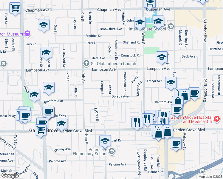 map of restaurants, bars, coffee shops, grocery stores, and more near 12662 Glen Street in Garden Grove