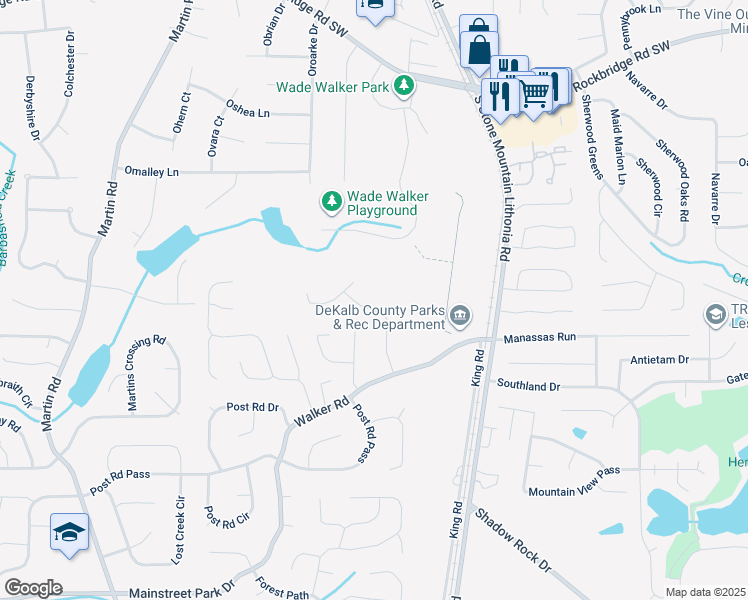 map of restaurants, bars, coffee shops, grocery stores, and more near 1600 Whisperwood Trail in Stone Mountain