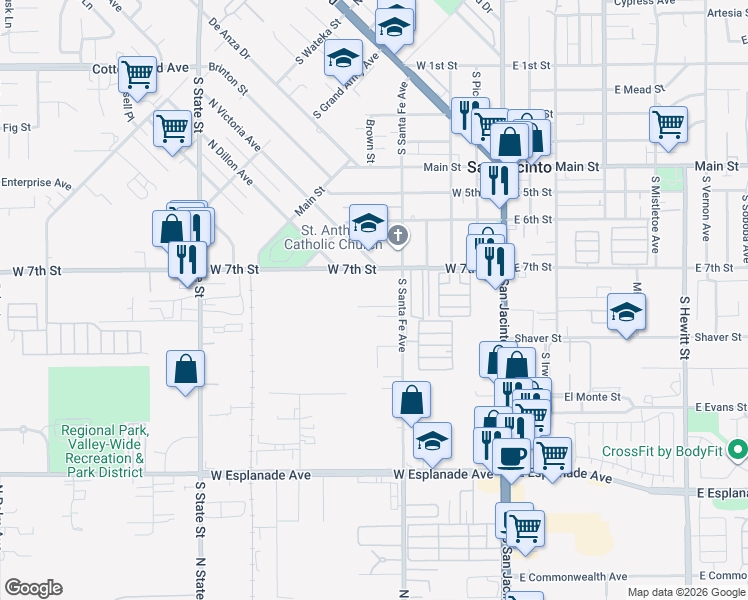 map of restaurants, bars, coffee shops, grocery stores, and more near 422 Jonnie Way in San Jacinto