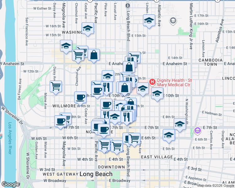 map of restaurants, bars, coffee shops, grocery stores, and more near 201 East 10th Street in Long Beach