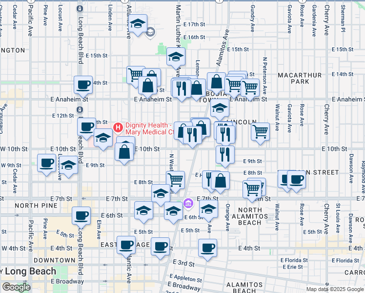 map of restaurants, bars, coffee shops, grocery stores, and more near in Long Beach